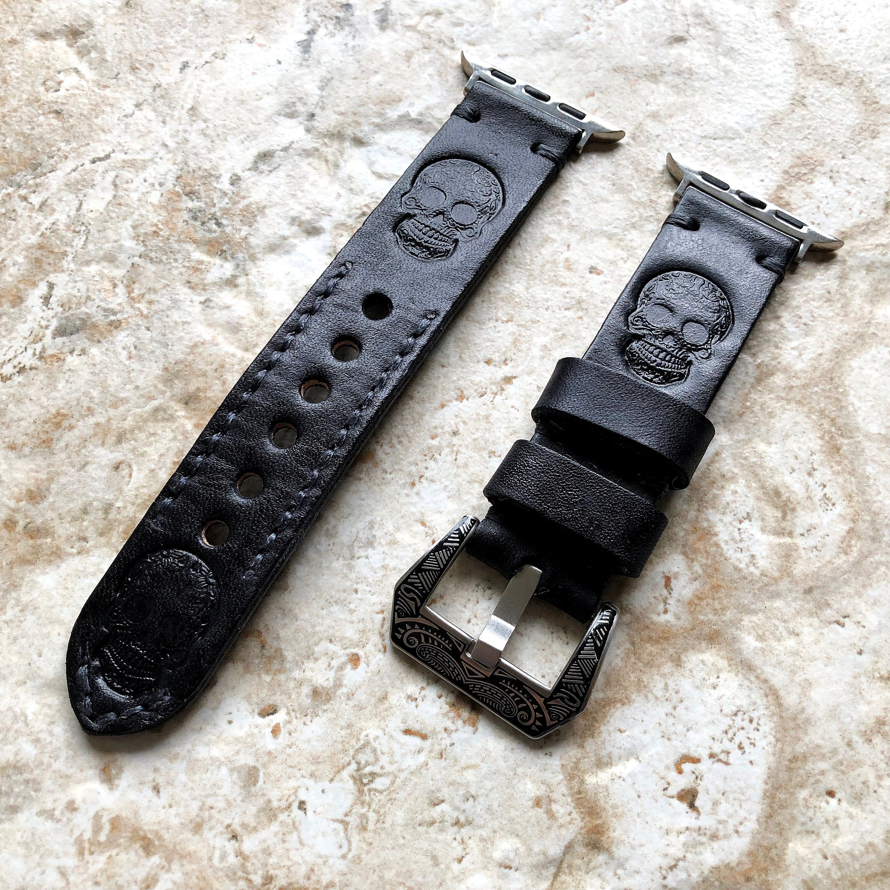 Apple Watch Skull Band Black Genuine Leather for iWatch All Series 38mm 40mm 41mm 42mm 44mm 45mm 49mm Case Tooled Embossed Strap Bracelet